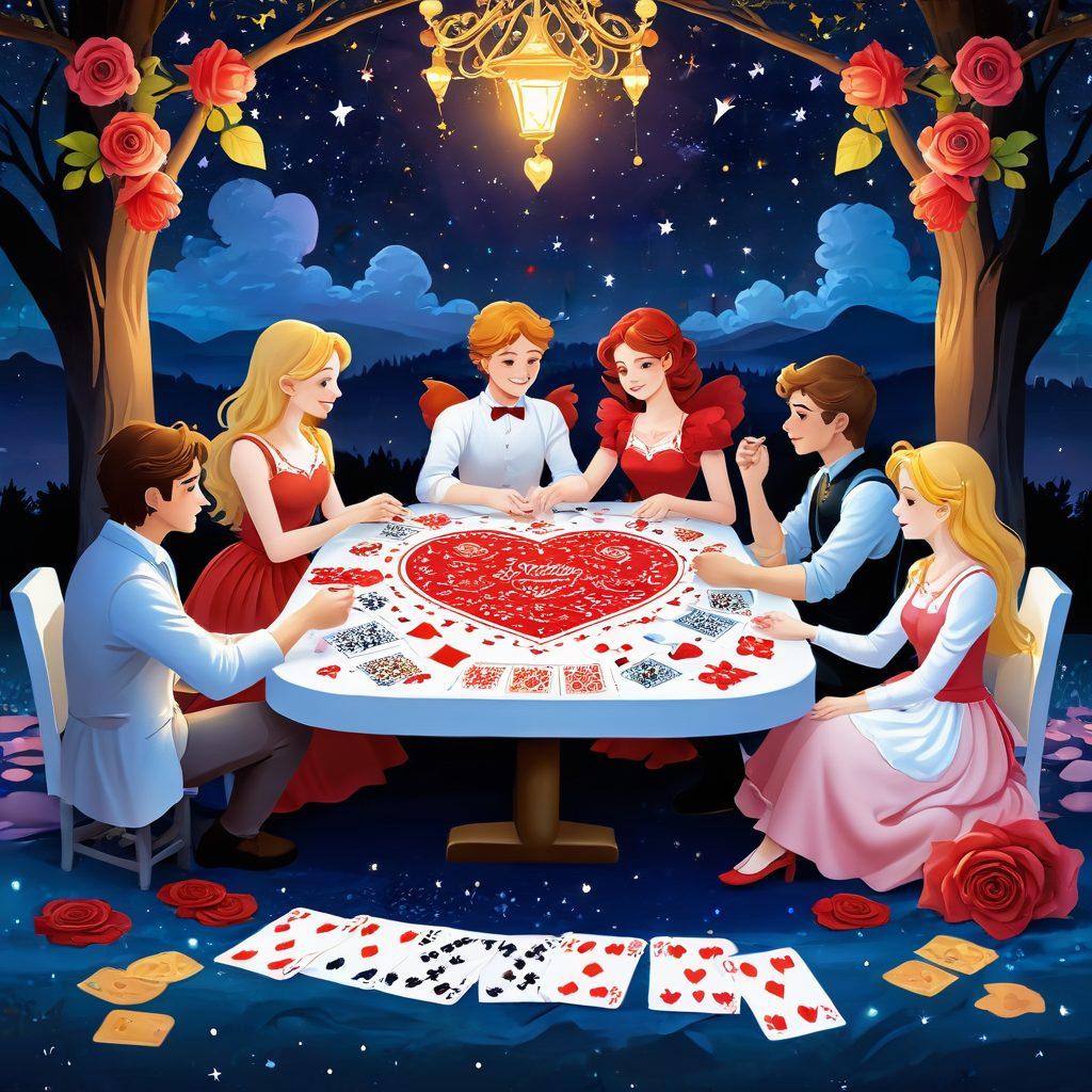 A whimsical scene depicting a card game table set under a starry sky, where players are wagering heart-shaped tokens. In the background, elements symbolizing love and romance—like Cupid with a bow, roses, and intertwined hearts—float amidst colorful cards. The foreground shows an emotional exchange between two players. The overall tone conveys a blend of excitement and romance. vibrant colors. playful cartoon style.