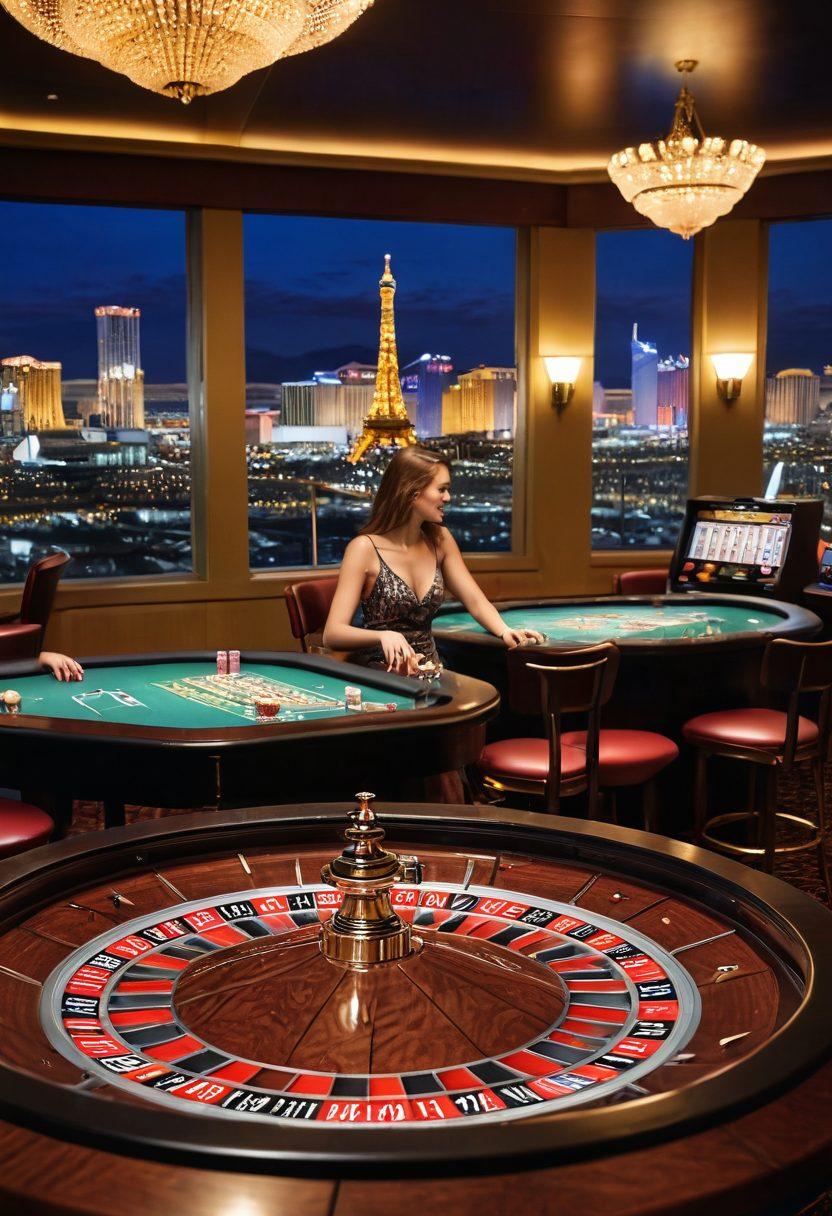 A lively casino scene with a vintage roulette table in the foreground, showcasing couples laughing and playing together, surrounded by vibrant slot machines and glimmering lights. Include elements of love like heart-shaped chips and lucky charms scattered around, while a soft, romantic ambiance fills the air. The background should hint at a glamorous Las Vegas skyline at dusk. vibrant colors. super-realistic. cinematic lighting.