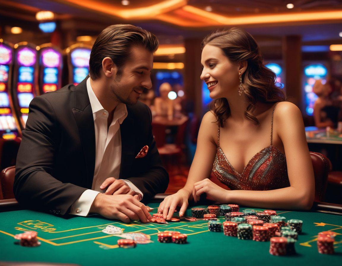 A lively casino scene blending romance and gambling, featuring a couple joyously rolling the dice at a craps table, surrounded by heart-shaped chips and sparkling slot machines. The backdrop is filled with colorful lights and a vibrant atmosphere, symbolizing excitement in both love and risk. Ideal for illustrating the thrill of taking chances in romance. super-realistic. vibrant colors. dynamic composition.